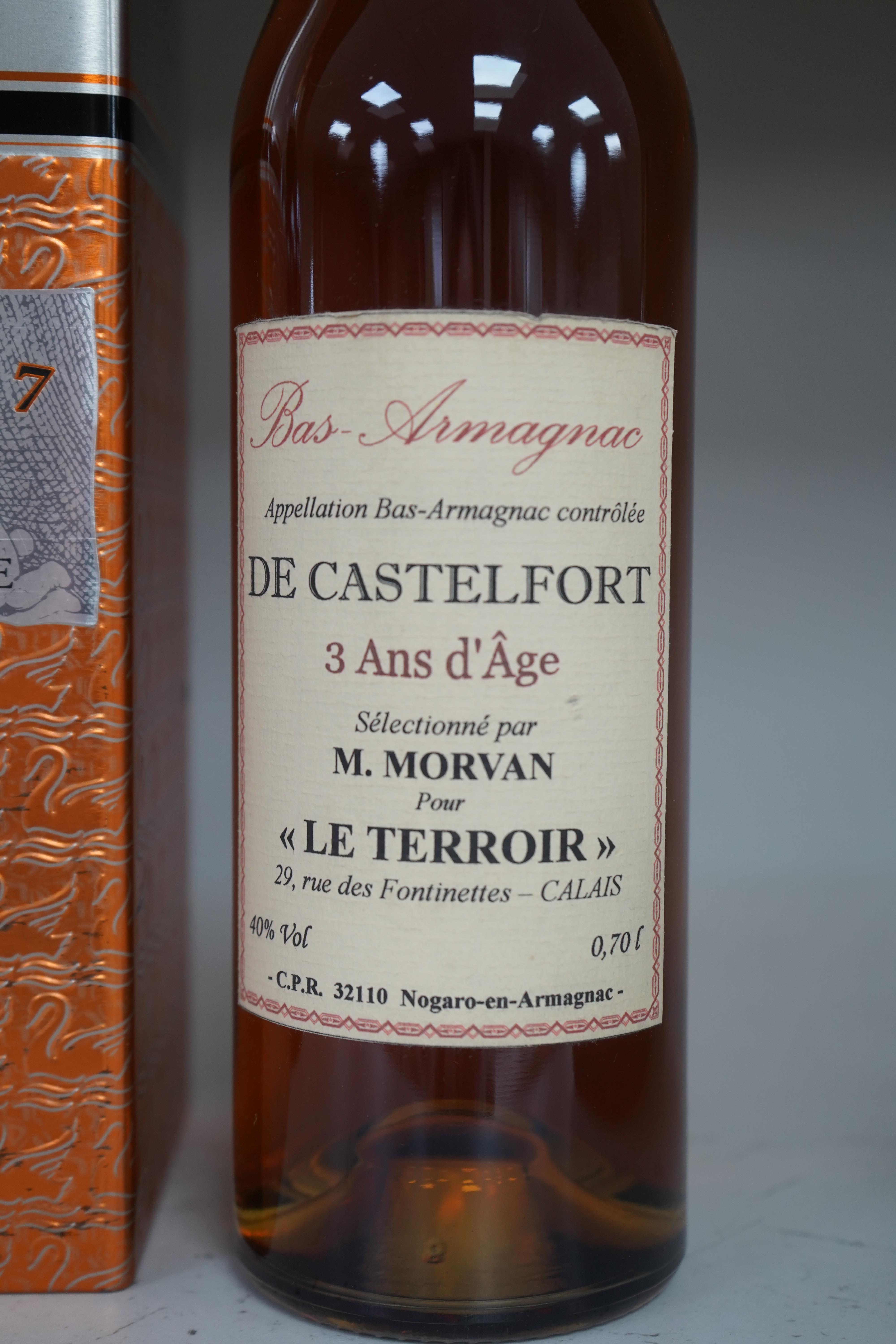 Three bottles of cognac/armagnac - a cased bottle of Jules Gautret 170th anniversary cognac, a bottle of Daniel Bouju Selection Speciale Grand Champagne Cognac and a bottle of De Castelfort Bas Armagnac. Condition - good